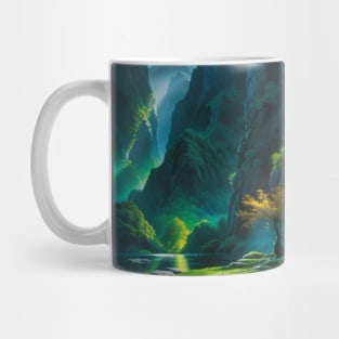 River Oasis at the bottom of a Lush, Green Tropical Canyon Mug